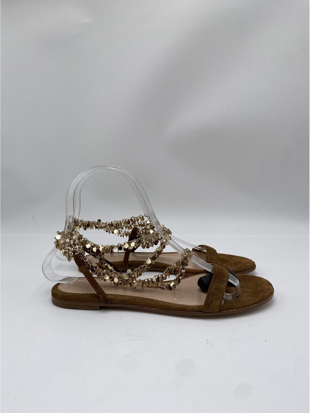 Gianvito Rossi flat sandals in camel suede gold-jeweled ankle strap Size 35.5